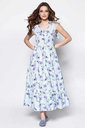 floral square neck polyester women's regular dress - blue