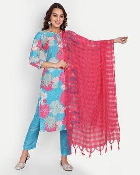 floral straight kurta & pants with dupatta set