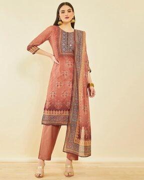 floral straight kurta pants set with dupatta