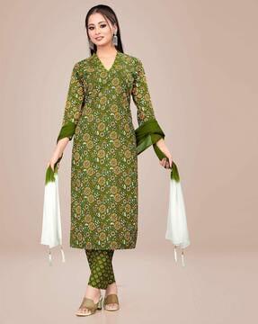 floral straight kurta pants set with dupatta