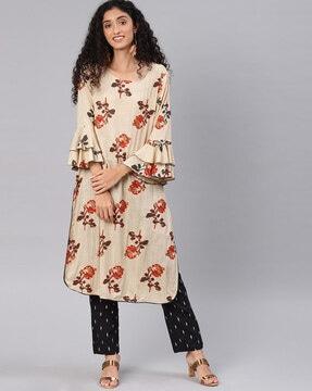 floral straight kurta with tiered bell sleeves
