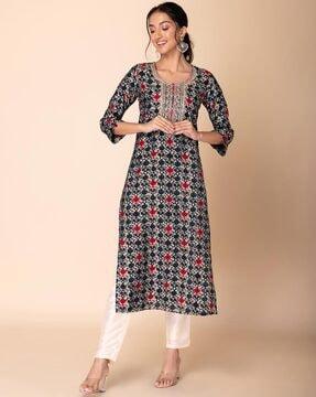 floral straight print kurta with round