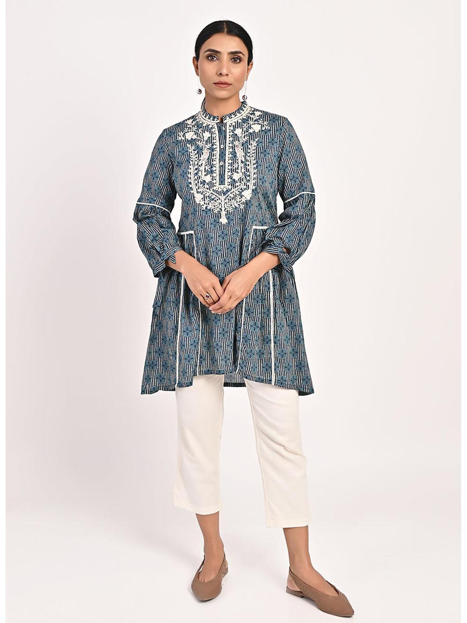 floral stripe blue tunic with dori embroidery