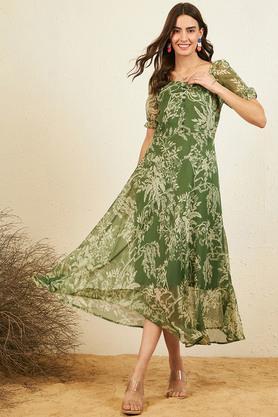 floral sweetheart neck chiffon women's maxi dress - olive