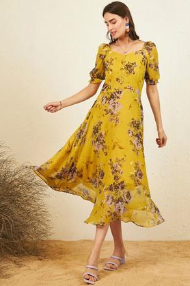 floral sweetheart neck chiffon women's maxi dress - yellow