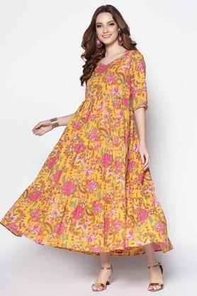 floral sweetheart neck cotton womens regular dress - yellow