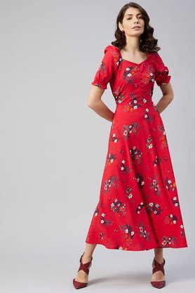 floral sweetheart neck crepe women's maxi dress - red