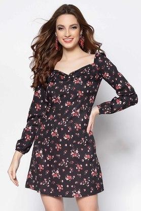 floral sweetheart neck polyester women's regular dress - black