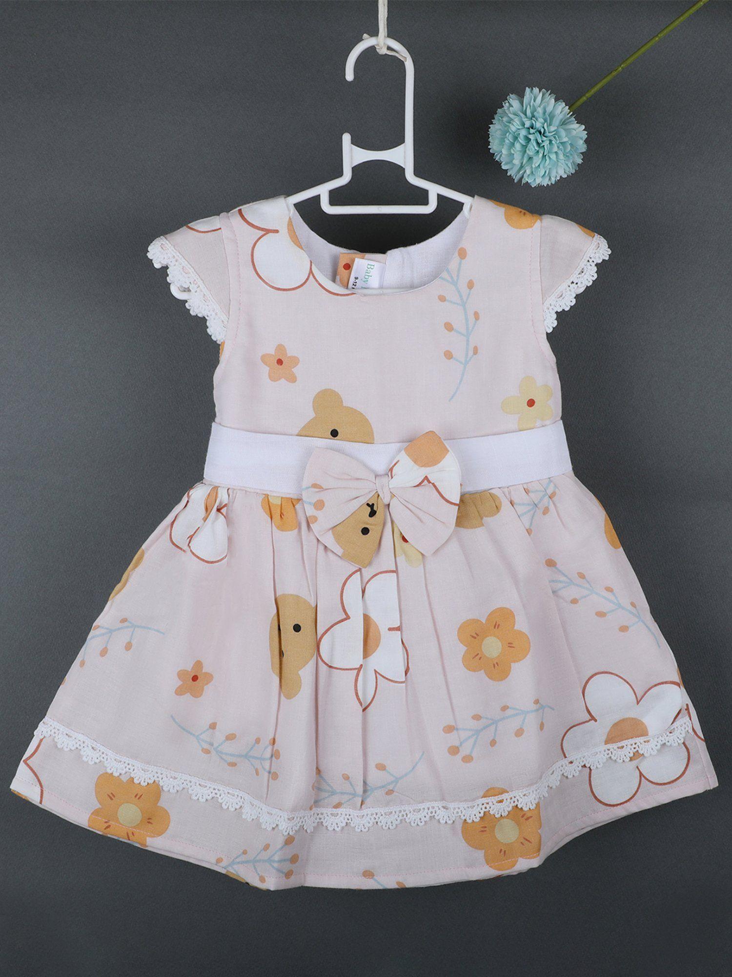 floral teddy bow with short sleeves muslin dress-peach