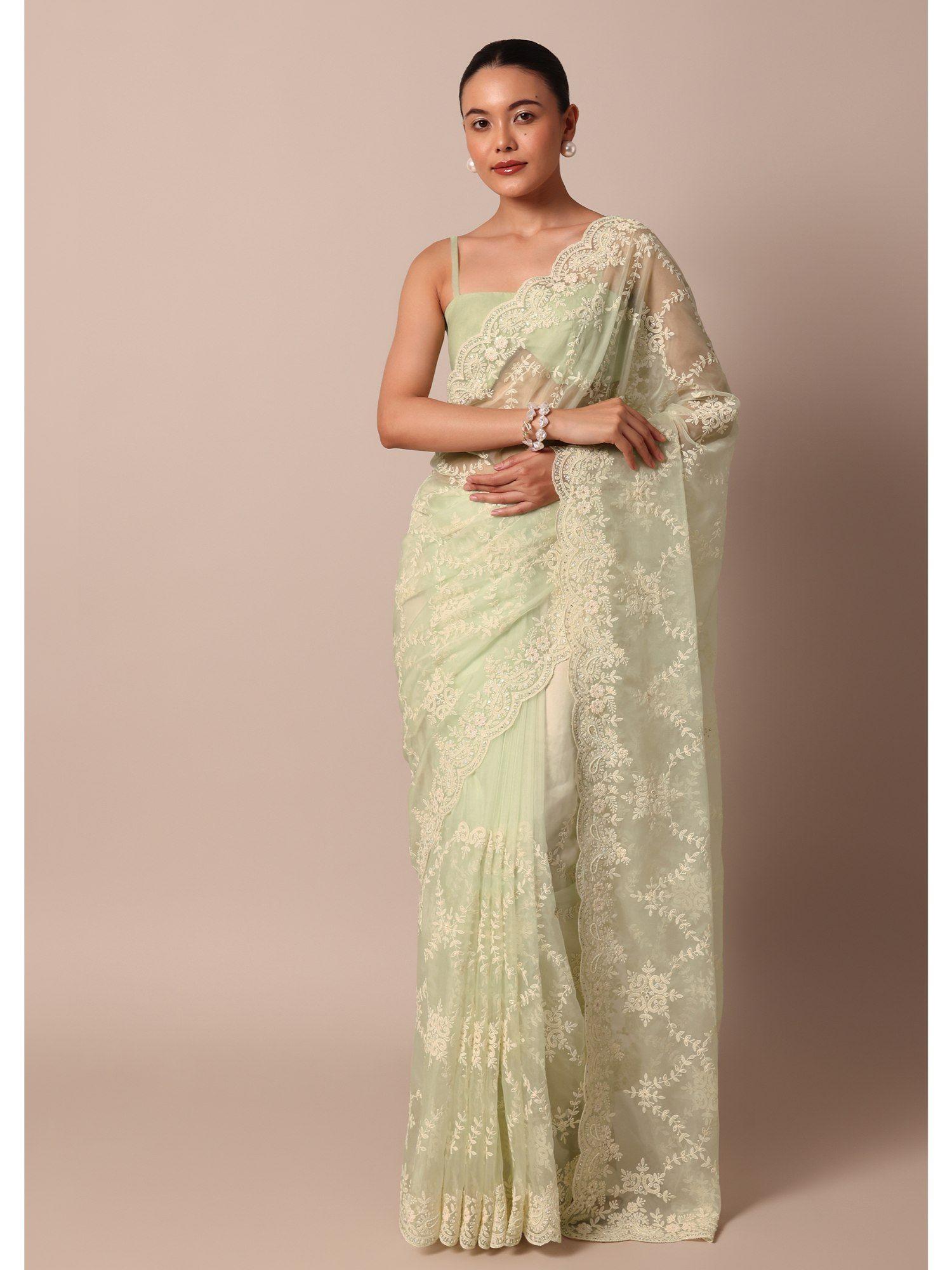 floral thread jaal work pista green silk chikankari saree with unstitched blouse piece