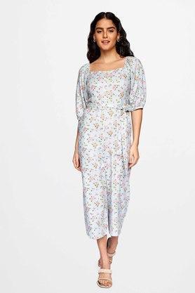 floral three quarter sleeves linen womens full length jumpsuit - powder blue