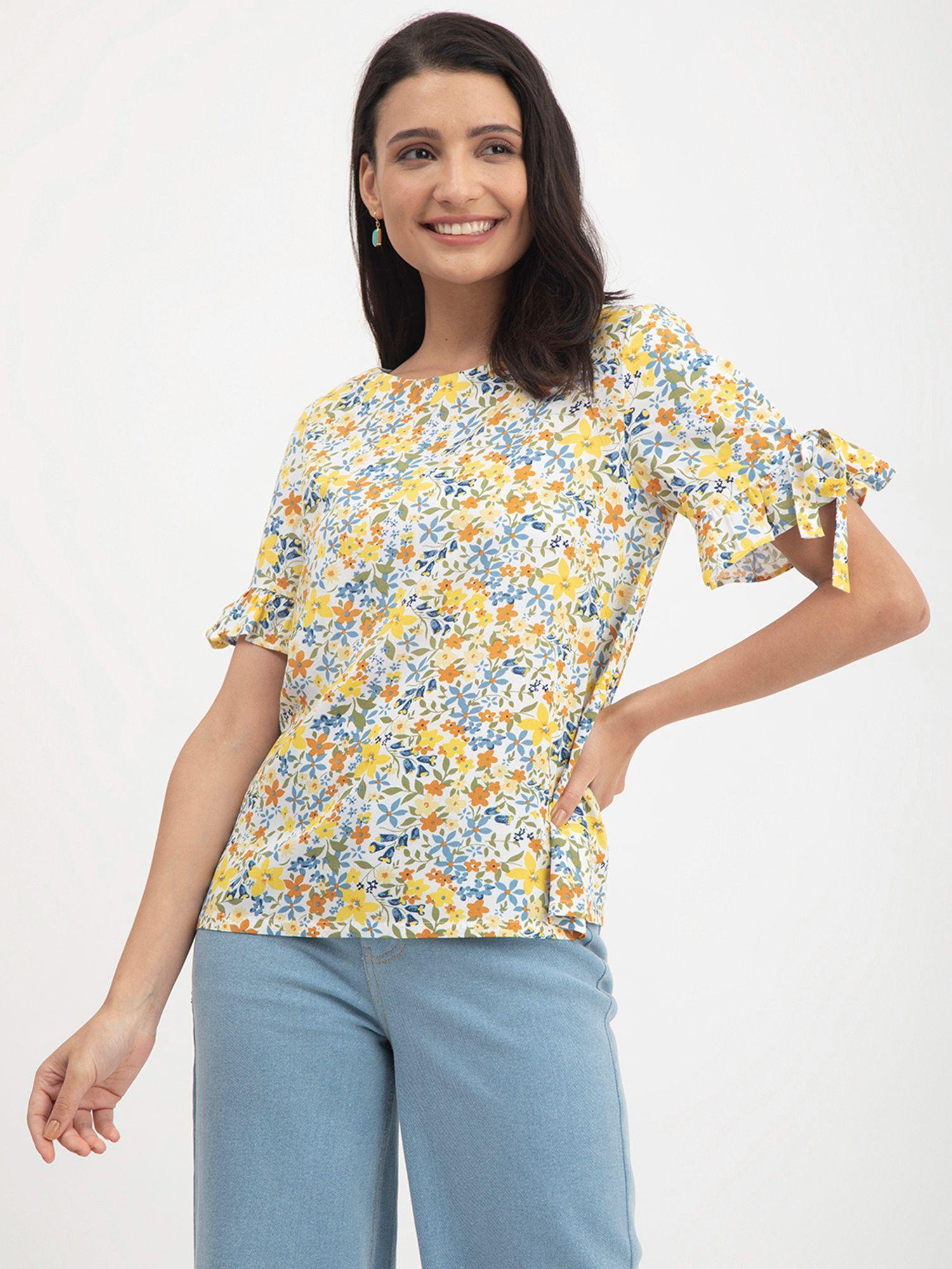 floral tie up sleeves top - multi color