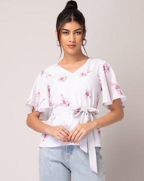 floral top with bell-sleeves & waist tie-up