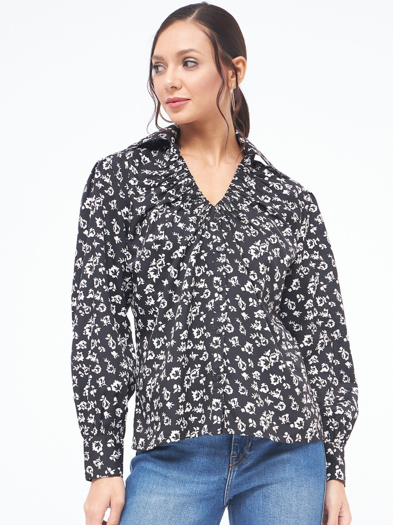 floral v-neck button down blouse for women