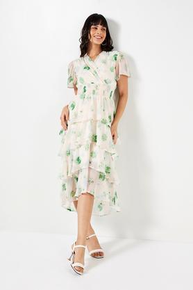 floral v-neck chiffon women's dress - white