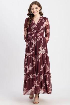 floral v-neck chiffon women's dress - wine