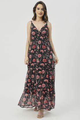 floral v-neck chiffon women's full length dress - black