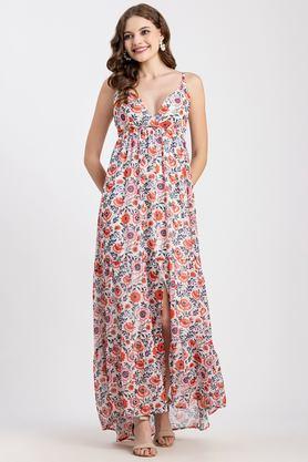 floral v-neck chiffon women's full length dress - white