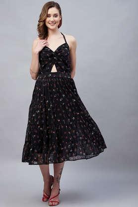 floral v neck chiffon women's midi dress - black