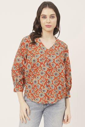 floral v-neck cotton women's casual wear shirt - orange