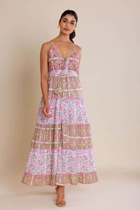 floral v-neck cotton women's dress - pink