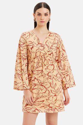 floral v-neck cotton women's dress - rust