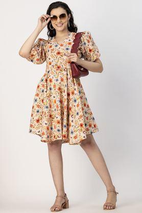 floral v-neck cotton women's knee length dress - orange