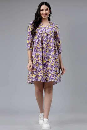 floral v neck cotton women's knee length dress - purple