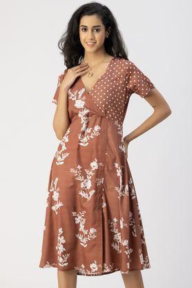 floral v-neck crepe women's knee length dress - brown