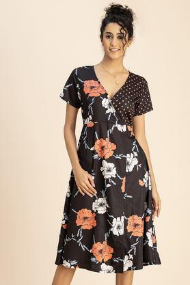 floral v-neck crepe women's knee length dress - orange