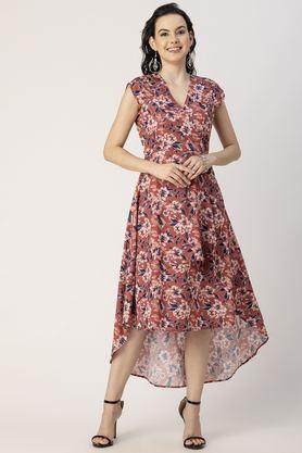 floral v-neck crepe women's knee length dress - rust