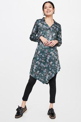 floral v neck flared fit women's tunic - dark green