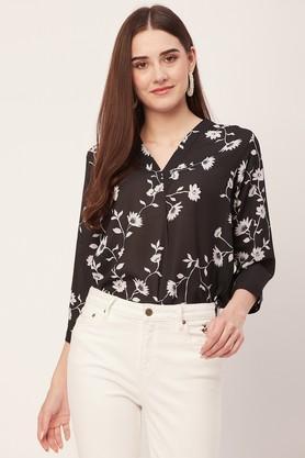 floral v-neck georgette women's casual wear shirt - black & white