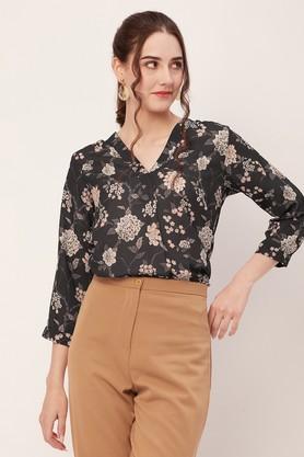 floral v-neck georgette women's casual wear shirt - black