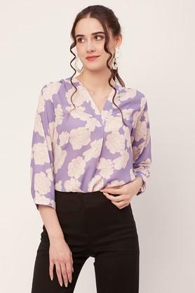floral v-neck georgette women's casual wear shirt - purple