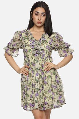 floral v-neck georgette women's dress - olive