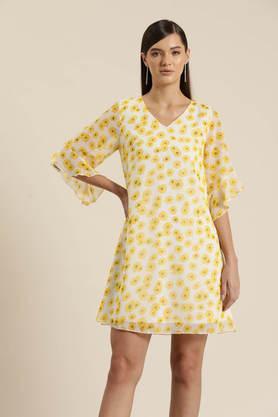 floral v-neck georgette women's dress - yellow