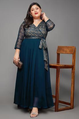 floral v-neck georgette women's full length dress - teal