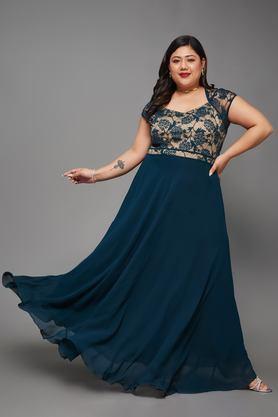 floral v-neck georgette women's full length dress - teal