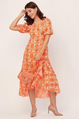 floral v-neck georgette women's knee length dress - orange