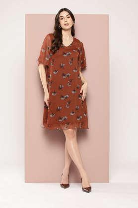 floral v-neck georgette women's knee length dress - rust