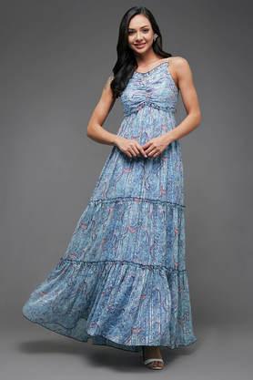 floral v neck georgette women's maxi dress - blue