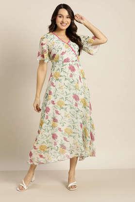 floral v neck georgette women's maxi dress - ivory