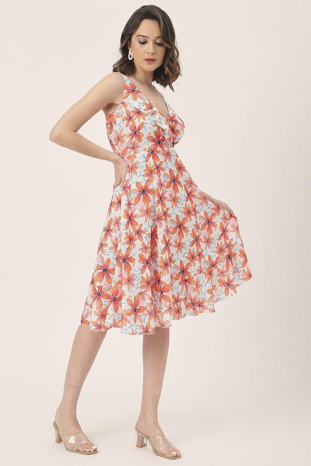 floral v-neck georgette womens knee length dress