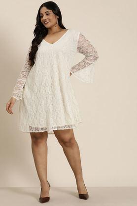 floral v-neck mesh women's dress - ivory