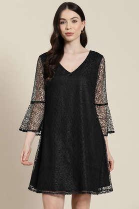 floral v neck net women's mini dress - black