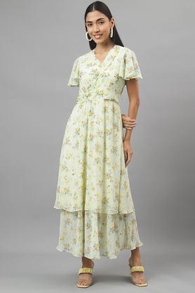 floral v-neck polyester women's dress - green