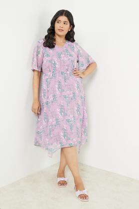 floral v-neck polyester women's dress - lilac