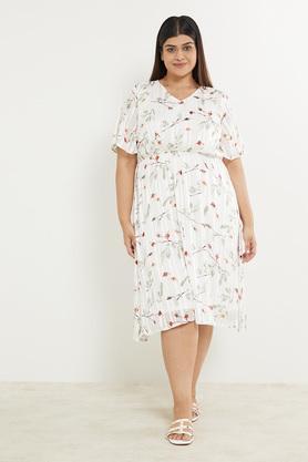 floral v-neck polyester women's dress - off white