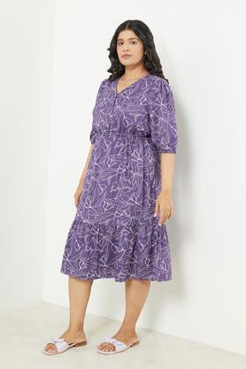 floral v-neck polyester women's dress - purple